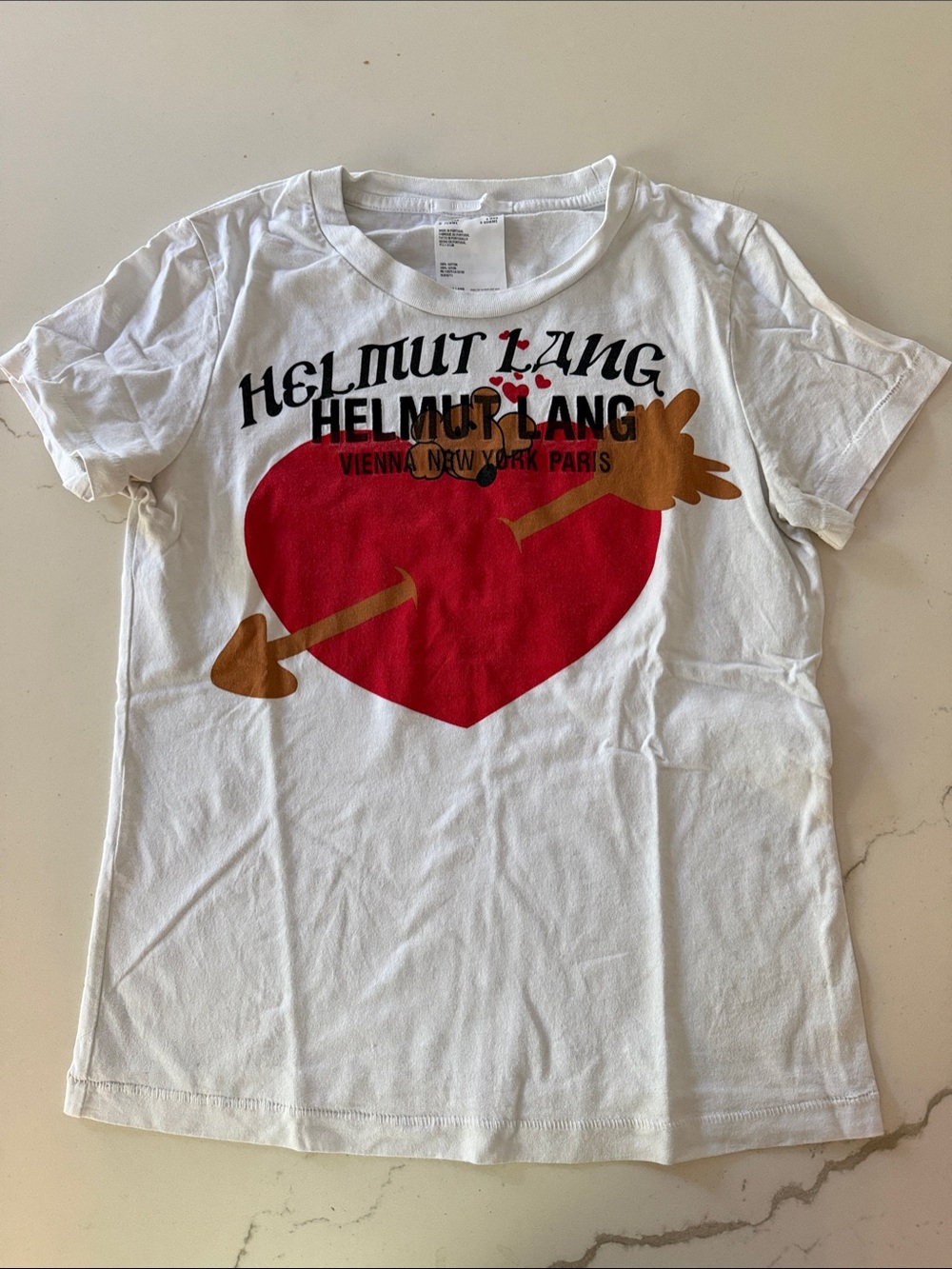 Helmut Lang White Tee with Red Heart and Gold Arrow